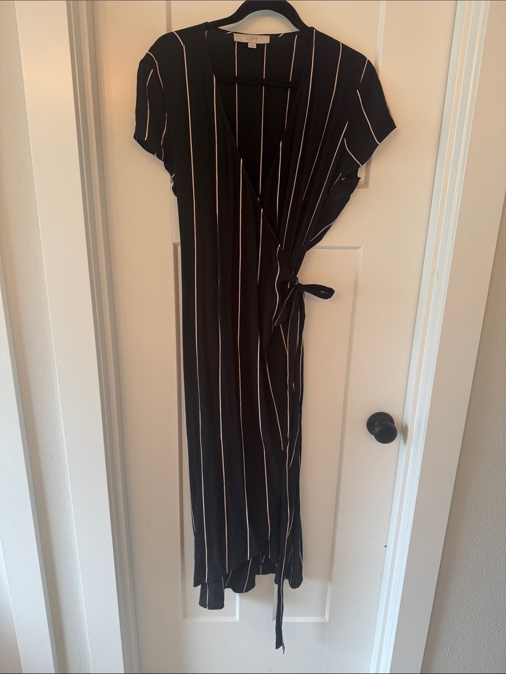 LOFT Black and White Vertical Stripe Wrap Dress